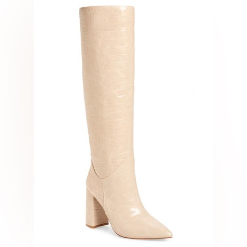 Jeffery Campbell Siren Pointed Toe Tall Tan Heeled Boots Faux Croc Skin 6.5